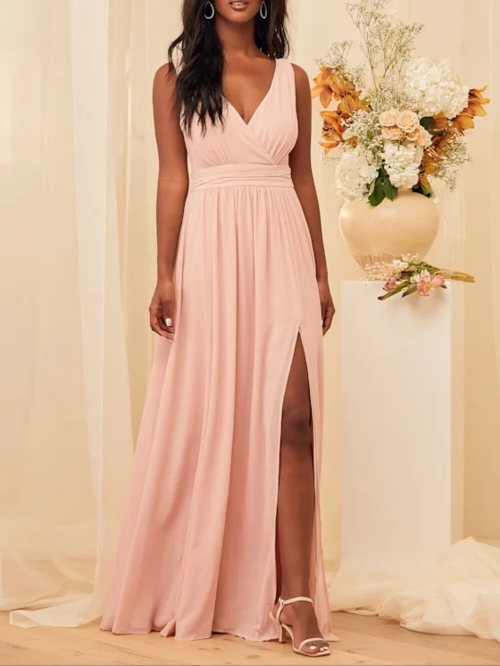 Lulus Thoughts of Hue Blush Surplice Maxi Dress side Slit L Wedding Bridesmaid